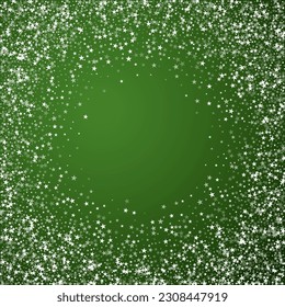 Snowfall overlay christmas background. Subtle flying snow flakes and stars on christmas green background. Festive snowfall overlay. Square vector illustration.
