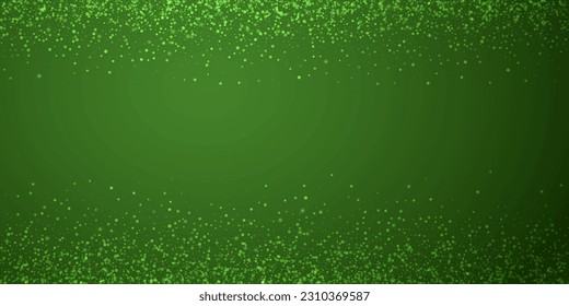Snowfall overlay christmas background. Subtle flying snow flakes and stars on christmas green background. Festive snowfall overlay. Wide vector illustration.