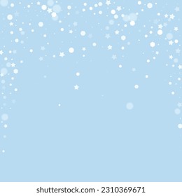 Snowfall overlay christmas background. Subtle flying snow flakes and stars on light blue winter backdrop. Festive snowfall overlay. Square vector illustration.
