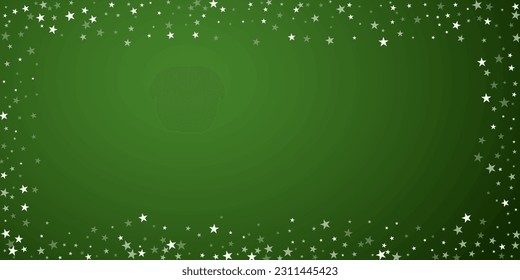 Snowfall overlay christmas background. Subtle flying snow flakes and stars on christmas green background. Festive snowfall overlay. Wide vector illustration.