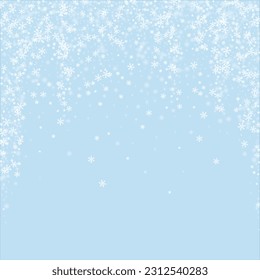 Snowfall overlay christmas background. Subtle flying snow flakes and stars on light blue winter backdrop. Festive snowfall overlay. Square vector illustration.
