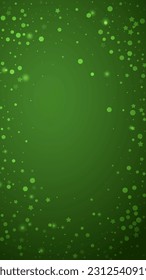 Snowfall overlay christmas background. Subtle flying snow flakes and stars on christmas green background. Festive snowfall overlay. Vertical vector illustration.