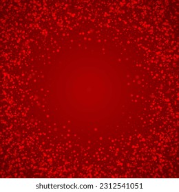 Snowfall overlay christmas background. Subtle flying snow flakes and stars on christmas red background. Festive snowfall overlay. Square vector illustration.