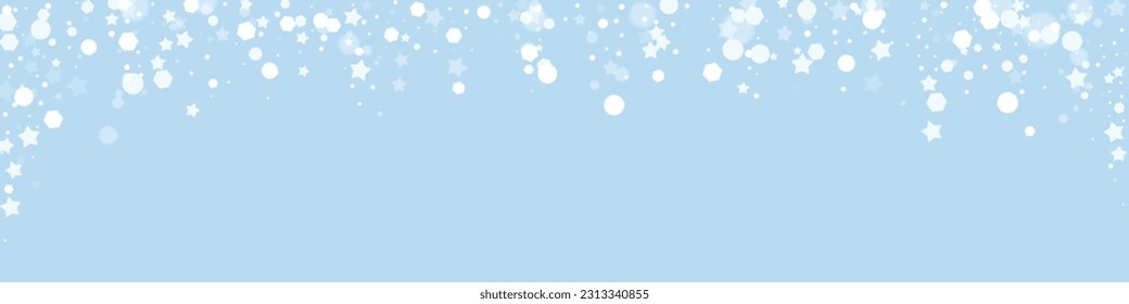 La nieve superó el fondo de la navidad. Sutiles copos de nieve volando y estrellas en el fondo azul claro del invierno. Sobrecoste de nieve festivo. Ilustración de vector panorámica.