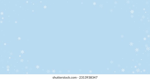 Snowfall overlay christmas background. Subtle flying snow flakes and stars on light blue winter backdrop. Festive snowfall overlay. Wide vector illustration.