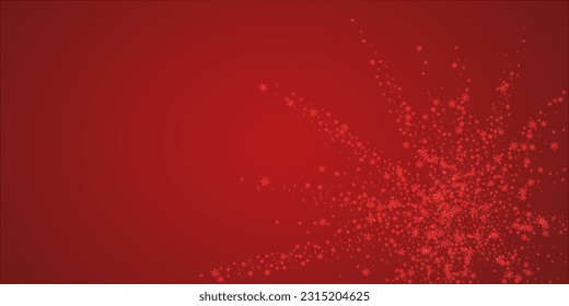 Snowfall overlay christmas background. Subtle flying snow flakes and stars on christmas red background. Festive snowfall overlay. Wide vector illustration.