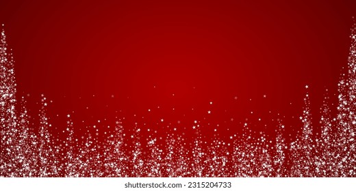 Snowfall overlay christmas background. Subtle flying snow flakes and stars on christmas red background. Festive snowfall overlay. Wide vector illustration.