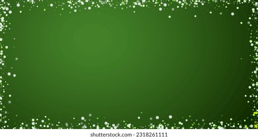 Snowfall overlay christmas background. Subtle flying snow flakes and stars on christmas green background. Festive snowfall overlay. Wide vector illustration.