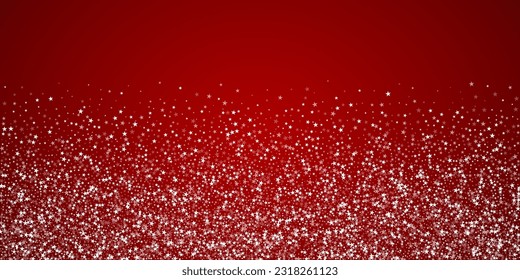 Snowfall overlay christmas background. Subtle flying snow flakes and stars on christmas red background. Festive snowfall overlay. Wide vector illustration.