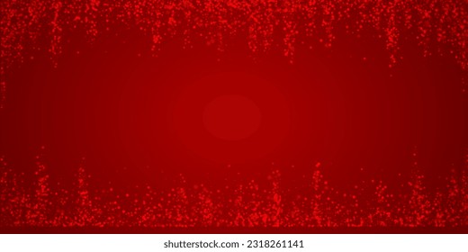 La nieve superó el fondo de la navidad. Sutiles copos de nieve volando y estrellas de fondo rojo navideño. Sobrecoste de nieve festivo. Ilustración vectorial amplia.