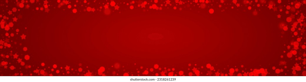 Snowfall overlay christmas background. Subtle flying snow flakes and stars on christmas red background. Festive snowfall overlay. Panoramic vector illustration.