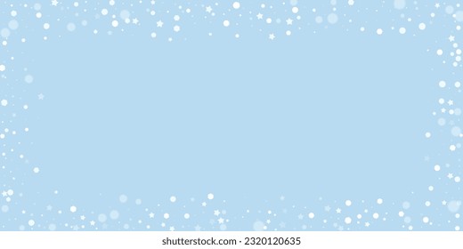 Snowfall overlay christmas background. Subtle flying snow flakes and stars on light blue winter backdrop. Festive snowfall overlay. Wide vector illustration.