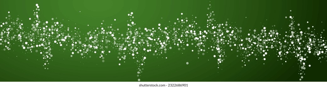 Snowfall overlay christmas background. Subtle flying snow flakes and stars on christmas green background. Festive snowfall overlay. Panoramic vector illustration.