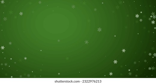 Snowfall overlay christmas background. Subtle flying snow flakes and stars on christmas green background. Festive snowfall overlay. Wide vector illustration.