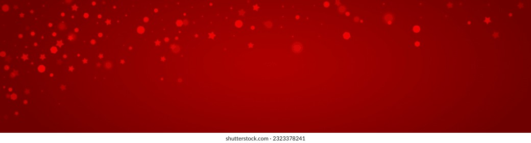 Snowfall overlay christmas background. Subtle flying snow flakes and stars on christmas red background. Festive snowfall overlay. Panoramic vector illustration.