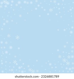 Snowfall overlay christmas background. Subtle flying snow flakes and stars on light blue winter backdrop. Festive snowfall overlay. Square vector illustration.