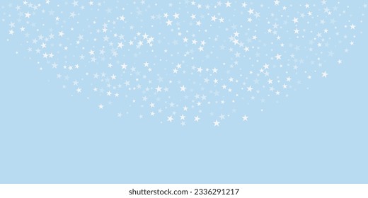 Snowfall overlay christmas background. Subtle flying snow flakes and stars on light blue winter backdrop. Festive snowfall overlay. Wide vector illustration.