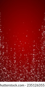 Snowfall overlay christmas background. Subtle flying snow flakes and stars on christmas red background. Festive snowfall overlay. Vertical vector illustration.