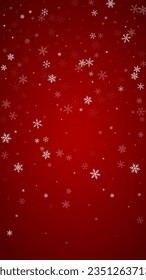 Snowfall overlay christmas background. Subtle flying snow flakes and stars on christmas red background. Festive snowfall overlay. Vertical vector illustration.