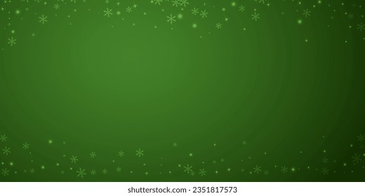 Snowfall overlay christmas background. Subtle flying snow flakes and stars on christmas green background. Festive snowfall overlay. Wide vector illustration.