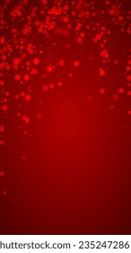 Schneefall auf Weihnachtshintergrund. Subtile fliegende Schneeflocken und Sterne auf christlich-rotem Hintergrund. Festlicher Schneefall-Overlay. Vertikale Vektorgrafik.