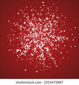 Snowfall overlay christmas background. Subtle flying snow flakes and stars on christmas red background. Festive snowfall overlay. Square vector illustration.