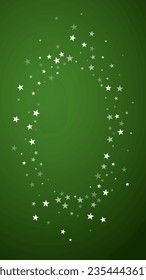 Snowfall overlay christmas background. Subtle flying snow flakes and stars on christmas green background. Festive snowfall overlay. Vertical vector illustration.