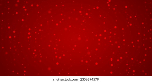 Snowfall overlay christmas background. Subtle flying snow flakes and stars on christmas red background. Festive snowfall overlay. Wide vector illustration.