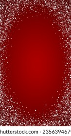 Snowfall overlay christmas background. Subtle flying snow flakes and stars on christmas red background. Festive snowfall overlay. Vertical vector illustration.