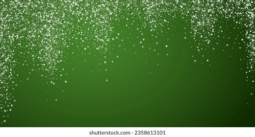 Snowfall overlay christmas background. Subtle flying snow flakes and stars on christmas green background. Festive snowfall overlay. Wide vector illustration.