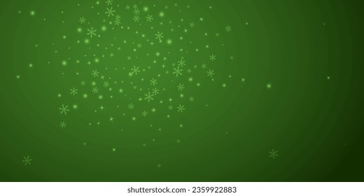 Snowfall overlay christmas background. Subtle flying snow flakes and stars on christmas green background. Festive snowfall overlay. Wide vector illustration.