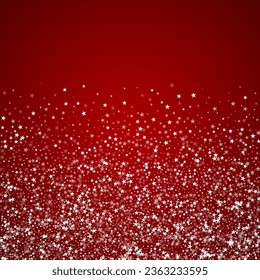 Snowfall overlay christmas background. Subtle flying snow flakes and stars on christmas red background. Festive snowfall overlay. Square vector illustration.