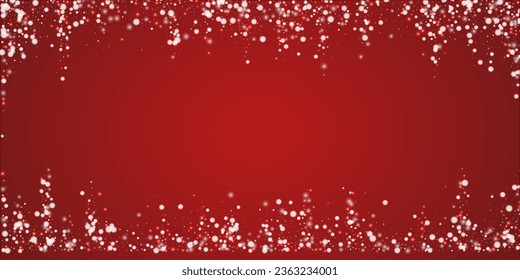 Snowfall overlay christmas background. Subtle flying snow flakes and stars on christmas red background. Festive snowfall overlay. Wide vector illustration.