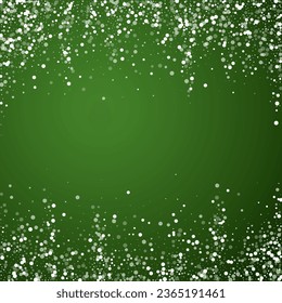 Snowfall overlay christmas background. Subtle flying snow flakes and stars on christmas green background. Festive snowfall overlay. Square vector illustration.