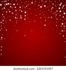 La nieve superó el fondo de la navidad. Sutiles copos de nieve volando y estrellas de fondo rojo navideño. Sobrecoste de nieve festivo. Ilustración vectorial cuadrada.