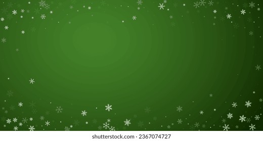 Snowfall overlay christmas background. Subtle flying snow flakes and stars on christmas green background. Festive snowfall overlay. Wide vector illustration.