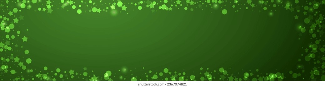 Snowfall overlay christmas background. Subtle flying snow flakes and stars on christmas green background. Festive snowfall overlay. Panoramic vector illustration.