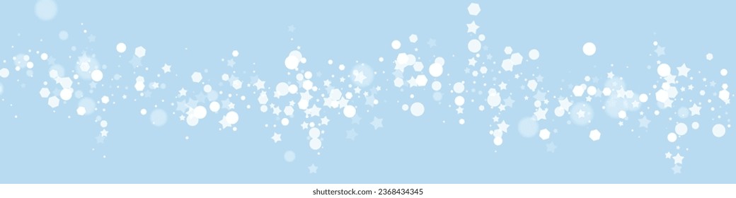 La nieve superó el fondo de la navidad. Sutiles copos de nieve volando y estrellas en el fondo azul claro del invierno. Sobrecoste de nieve festivo. Ilustración de vector panorámica.