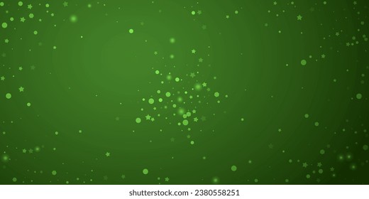 Snowfall overlay christmas background. Subtle flying snow flakes and stars on christmas green background. Festive snowfall overlay. Wide vector illustration.