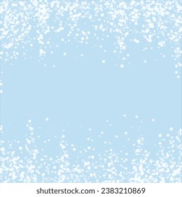 Snowfall overlay christmas background. Subtle flying snow flakes and stars on light blue winter backdrop. Festive snowfall overlay. Square vector illustration.
