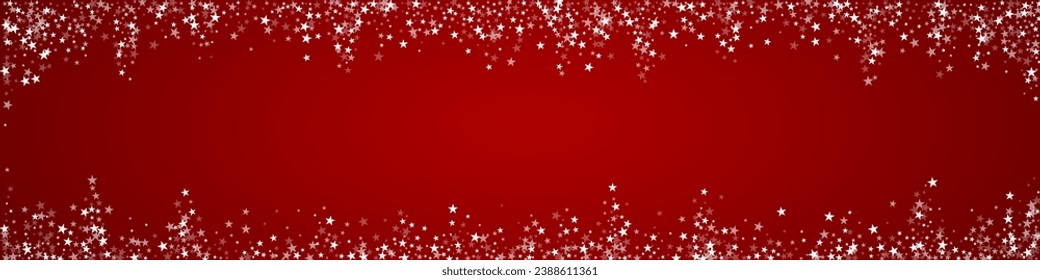 Snowfall overlay christmas background. Subtle flying snow flakes and stars on christmas red background. Festive snowfall overlay. Panoramic vector illustration.