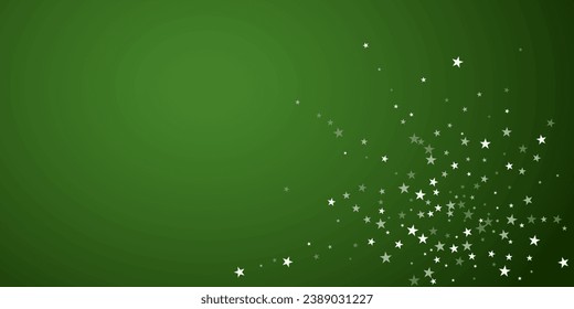 Snowfall overlay christmas background. Subtle flying snow flakes and stars on christmas green background. Festive snowfall overlay. Wide vector illustration.