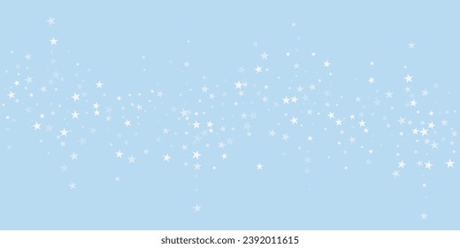 Snowfall overlay christmas background. Subtle flying snow flakes and stars on light blue winter backdrop. Festive snowfall overlay. Wide vector illustration.