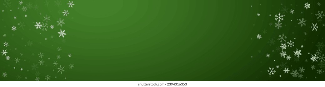 Snowfall overlay christmas background. Subtle flying snow flakes and stars on christmas green background. Festive snowfall overlay. Panoramic vector illustration.