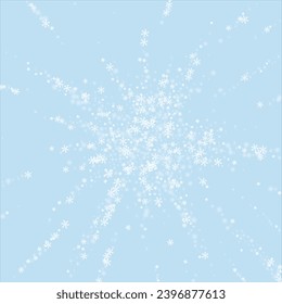 Snowfall overlay christmas background. Subtle flying snow flakes and stars on light blue winter backdrop. Festive snowfall overlay. Square vector illustration.