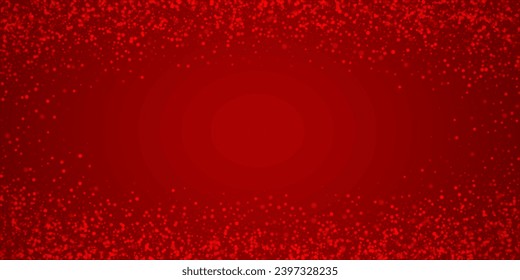 Snowfall overlay christmas background. Subtle flying snow flakes and stars on christmas red background. Festive snowfall overlay. Wide vector illustration.