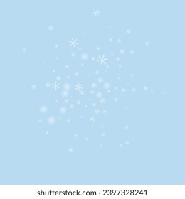 La nieve superó el fondo de la navidad. Sutiles copos de nieve volando y estrellas en el fondo azul claro del invierno. Sobrecoste de nieve festivo. Ilustración vectorial cuadrada.