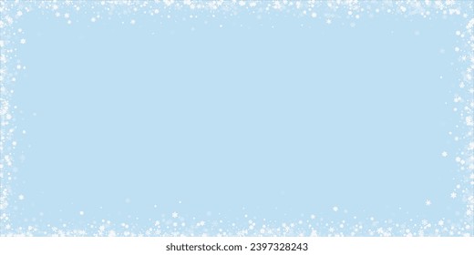 Snowfall overlay christmas background. Subtle flying snow flakes and stars on light blue winter backdrop. Festive snowfall overlay. Wide vector illustration.