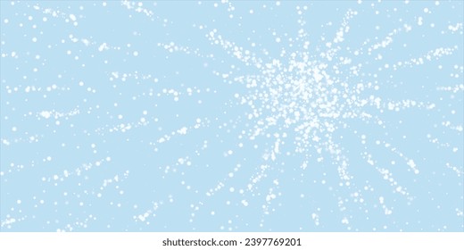 La nieve superó el fondo de la navidad. Sutiles copos de nieve volando y estrellas en el fondo azul claro del invierno. Sobrecoste de nieve festivo. Ilustración vectorial amplia.