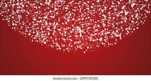 Snowfall overlay christmas background. Subtle flying snow flakes and stars on christmas red background. Festive snowfall overlay. Wide vector illustration.